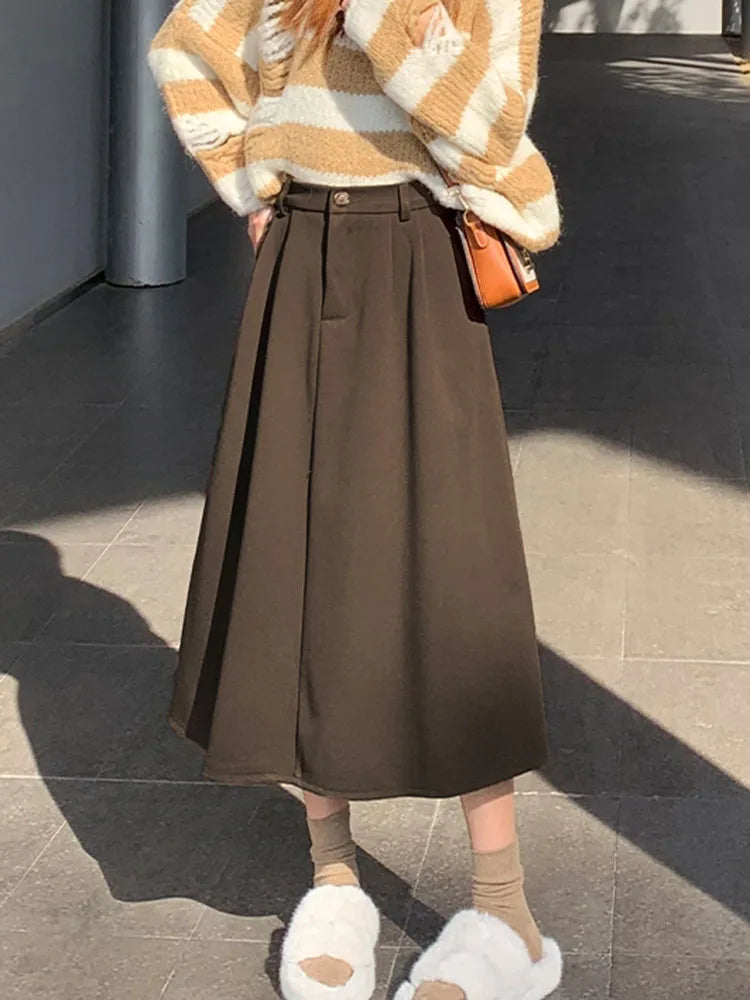 High Waist Woolen Skirt Women Long 2026 Autumn Winter Plus Size Women Clothing Elastic Waist A Line Brown Or Black Skirt Women