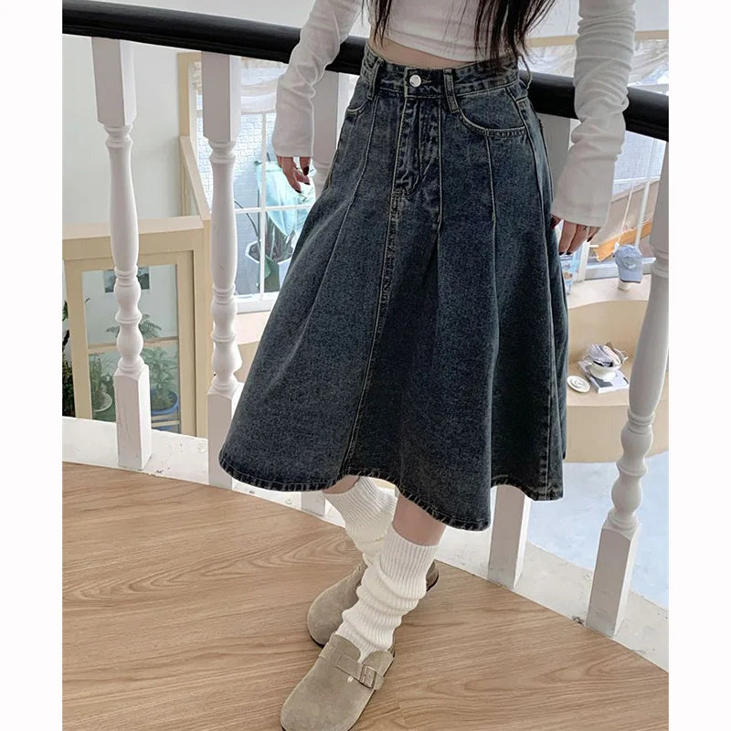 Summer Trendy Designer Lady High Waist Jeans Skirts Women Fashion Vintage Denim Skirts Girls Korean Casual Mid-Long Dress
