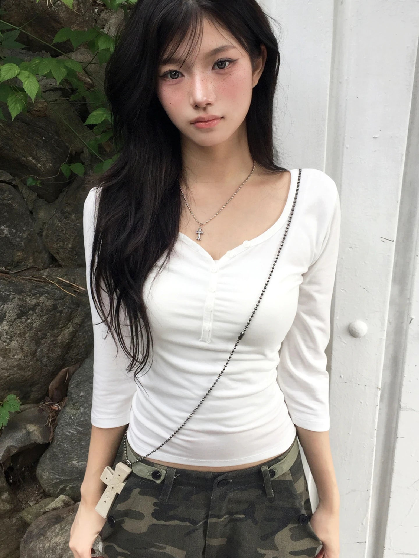 Fashion Pure Color O Neck Three Quarter Sleeve Buttons Women'S Blouse Shirt Women Casual Tops Streetwear Festival