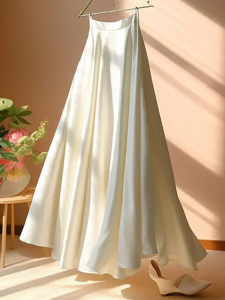 High Quality French Luxury Lady High Waist Long Skirt For Women 2026 New Spring Summer Korean Fashion Casual  A-line Satin Skirt