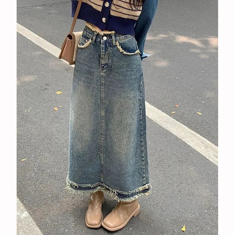Summer Trendy Female Raw Edge Jeans Skirt Lady Korean Slim Fit Mid-Long Dress Women High Waist Solid Thin Denim Skirt