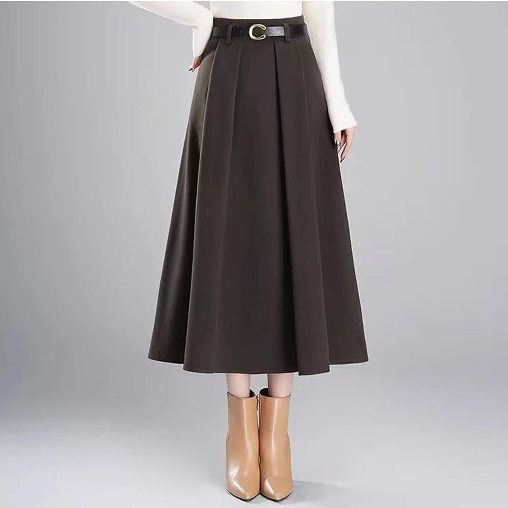 Vintage Pleated Short Skirt Women 2026 Autumn Winter Woolen High Waist Belt Black Skirts Female Pocket A-line Skirt