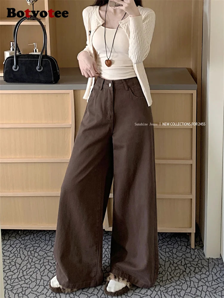 Brown Baggy Jeans Women High Waisted Wide Leg Streetwear Y2k Fashion Black Denim Pants Beige Slouchy Jeans