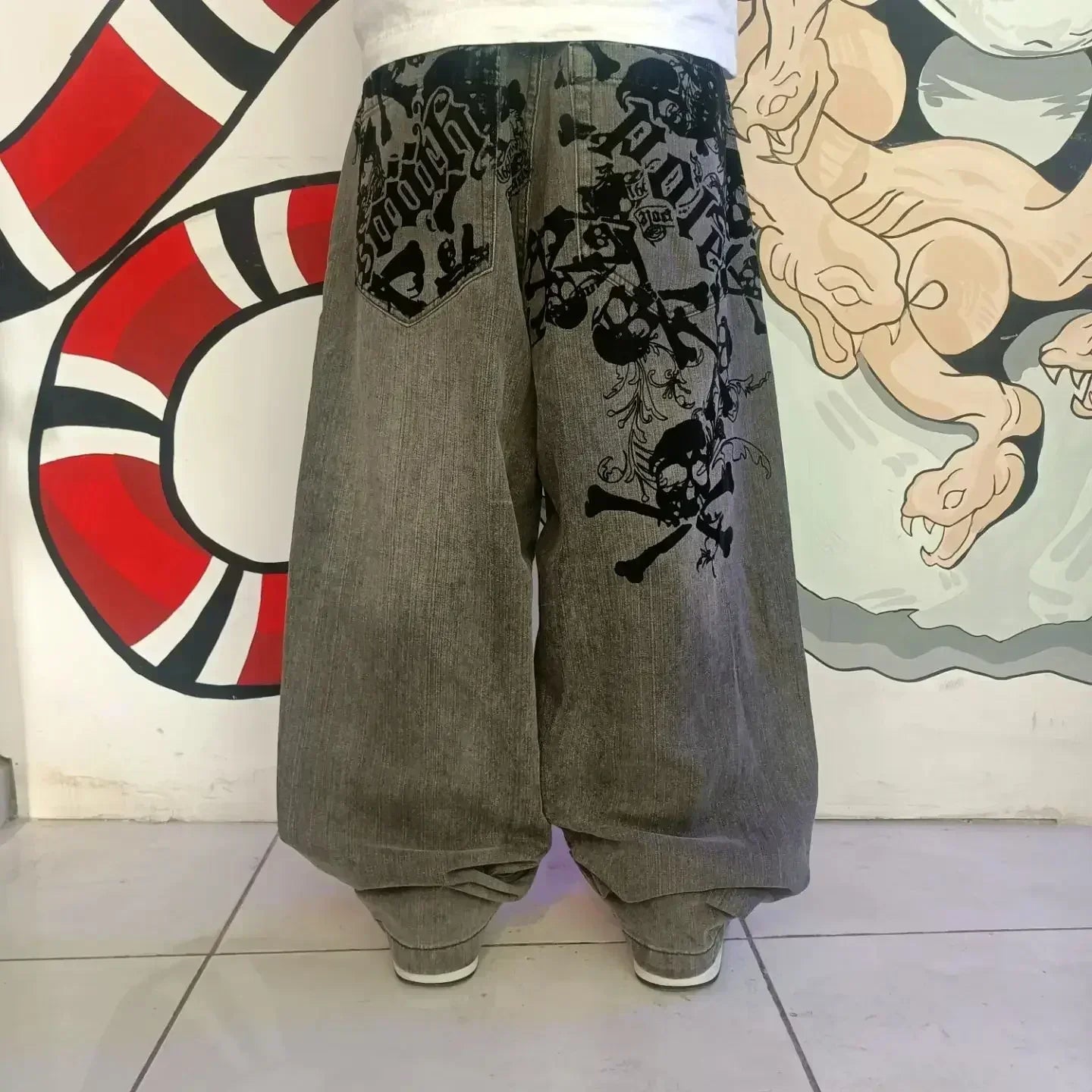 Jeans Skull Watermark Loose Jeans Men's and Women's Y2K Harajuku Gothic Hip Hop Skateboard Pants Street Wear