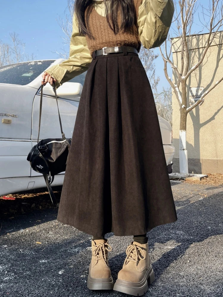Mid Long Skirts Womens Corduroy Skirt 2026 Autumn Winter Korean Vintage High Waist Ruffle Pleated Skirts With Belt