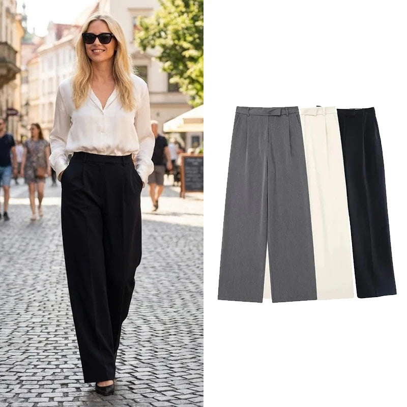 Women Fashion Solid Front Zipper Straight Pants Vintage High Waist Full Length Female Chic Lady Trousers